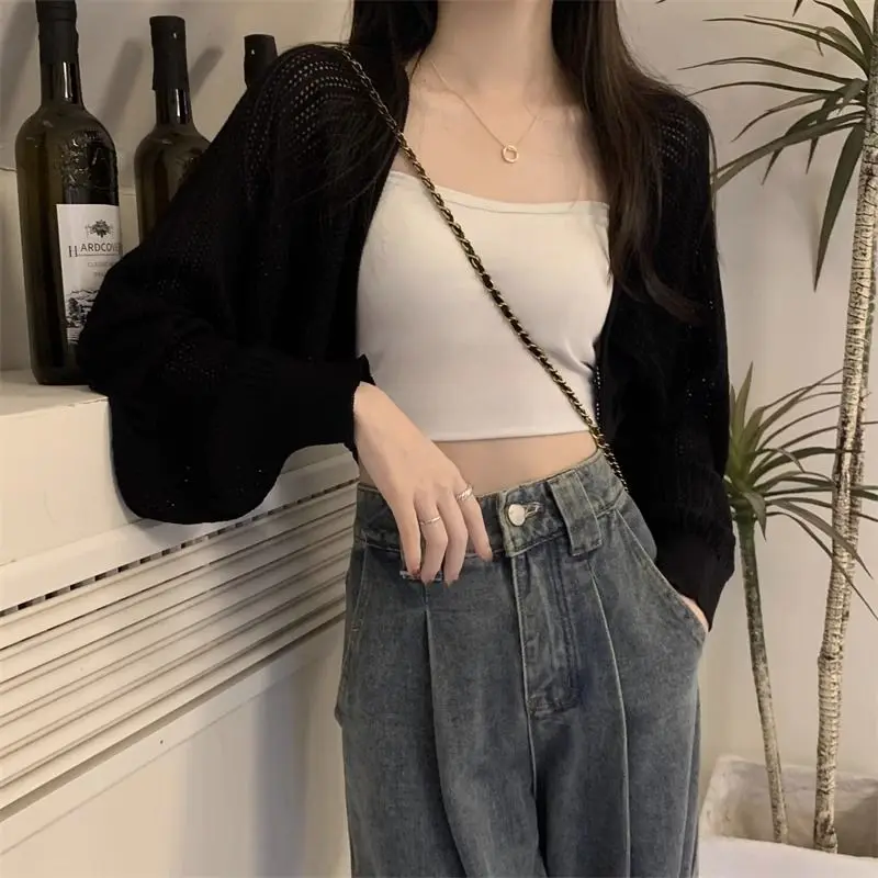 Summer Knitted Cardigans Women Hollow Out Tender Korean Style Ladies Simple Crop Fashion Clothing Vintage All-match Loose Design