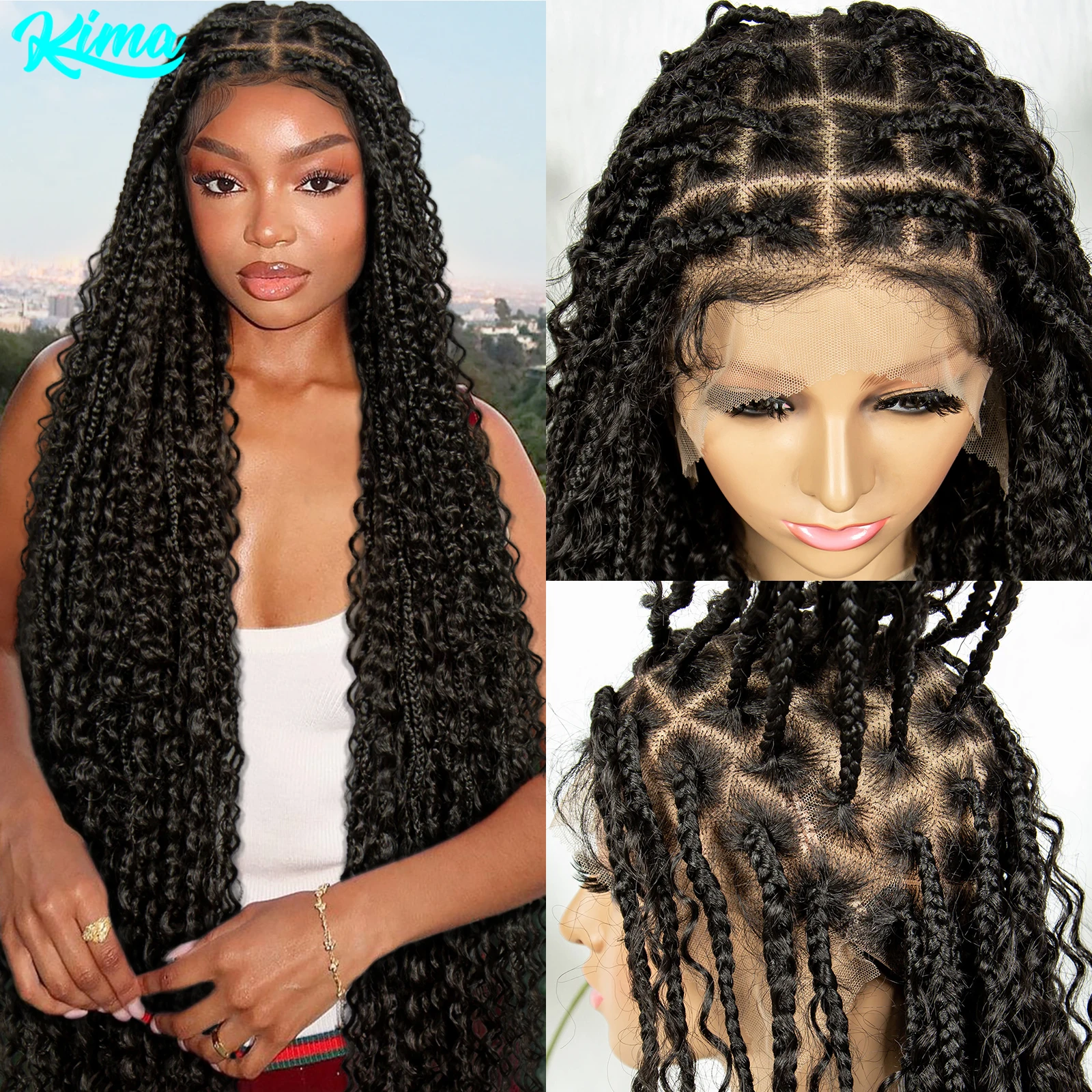 Kima 40 inch Long Boho Braided Wigs Knotless Box Synthetic Full Lace Braided Wigs Goddess Braids With Baby Hair for Black Women