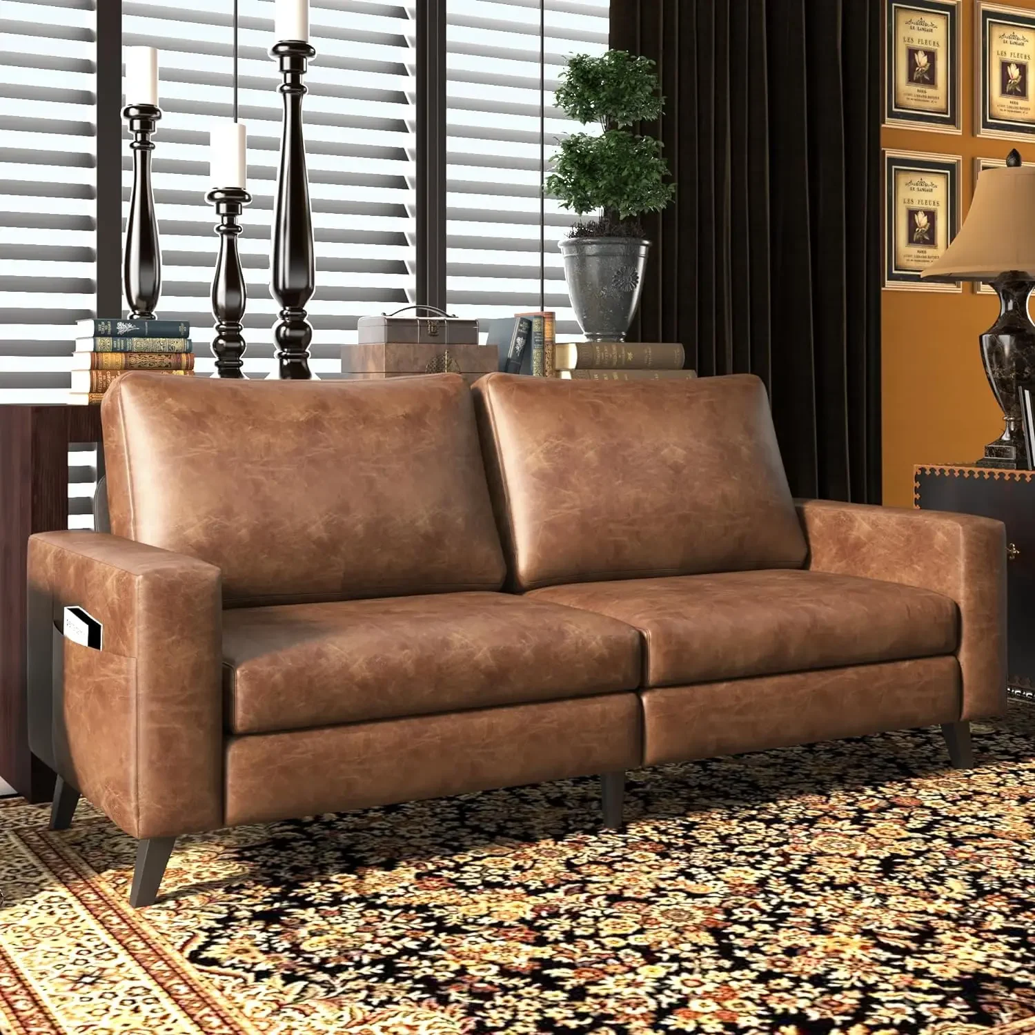 

Leather Couch for Living Room, Small Brown Faux Leather Mid-Century Modern Couch Leather Sofas, 79" Wide Sofas & Couches