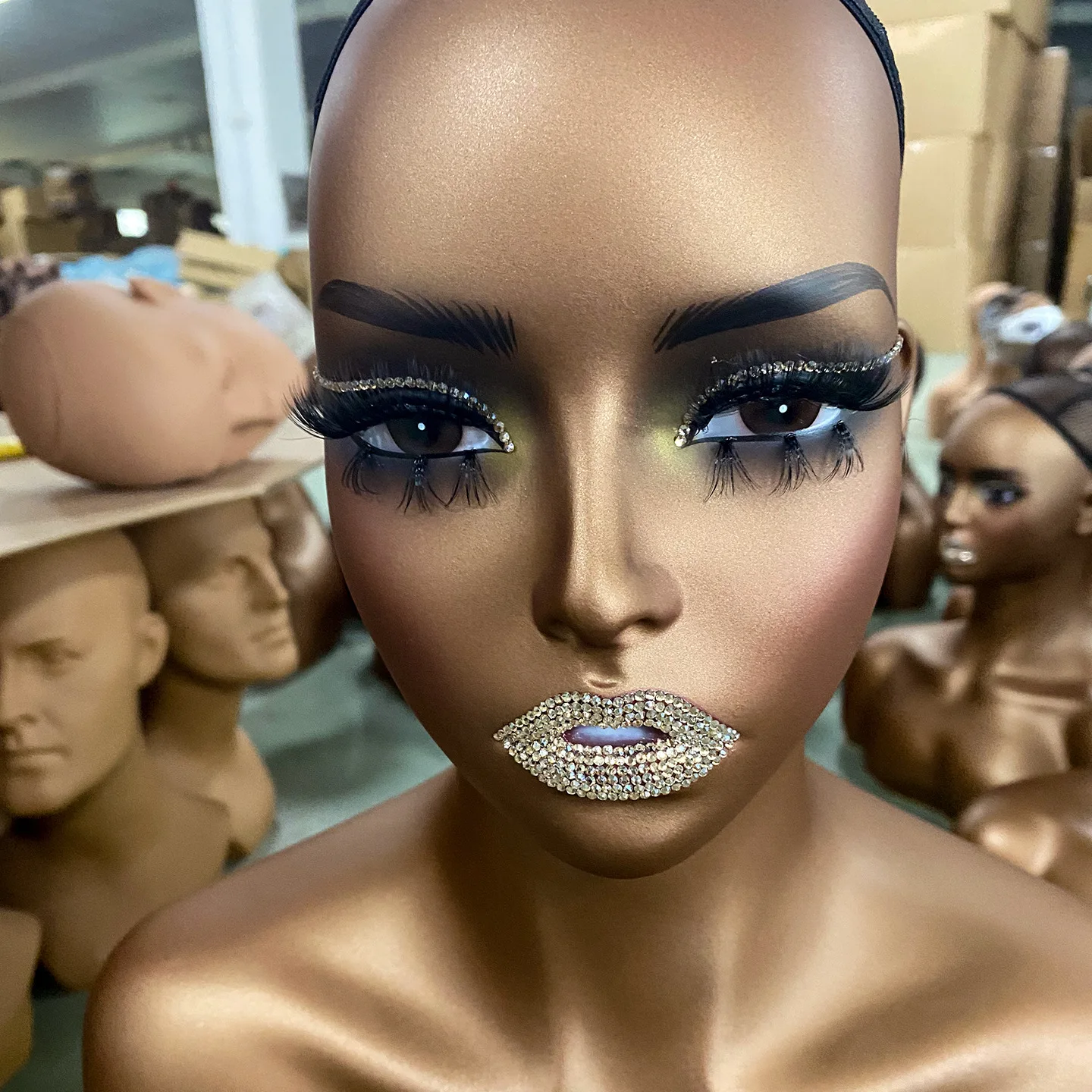 Black Female Mannequin Head with Shoulders, African Half Body Wig Bust Manikin, Model with Bling Rhinestone Lips for Wig Display view 3