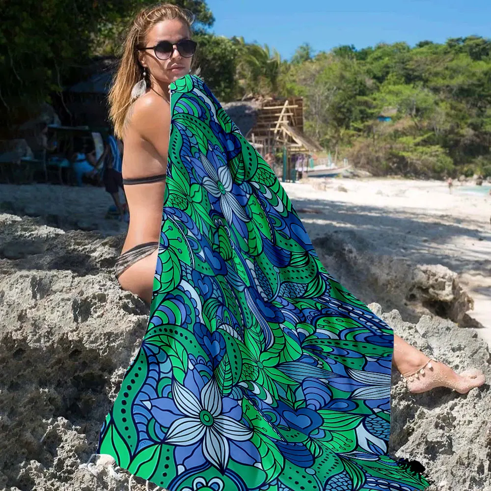 Blue Green Floral Heart Quick Drying Microfiber Beach Towel Lightweight for Swimming Camping Yoga - Bath Towel