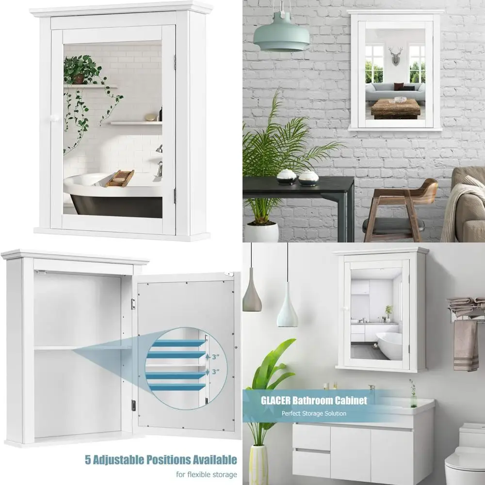 Armário espelhado de parede com armazenamento e prateleira ajustável para banheiro