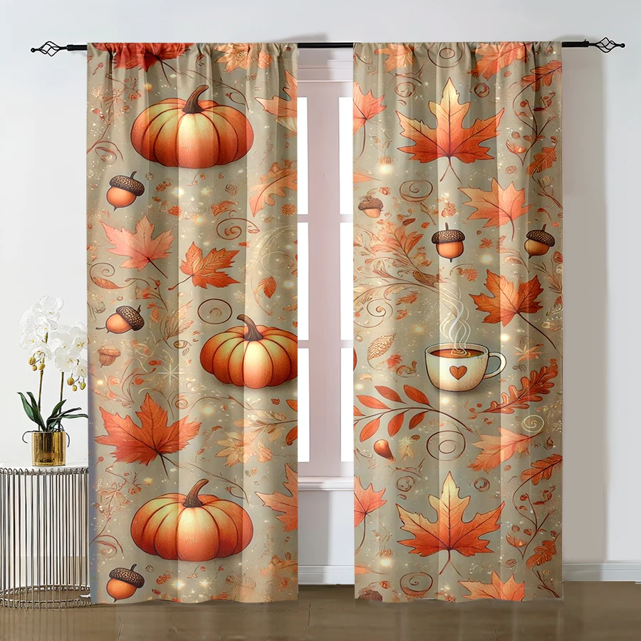 2PCS Digital Print Curtain, Pumpkins Acorns Maple Leaves Coffee Cup, Fall Cozy Warm Autumn Style for Living Room Bedroom Decor