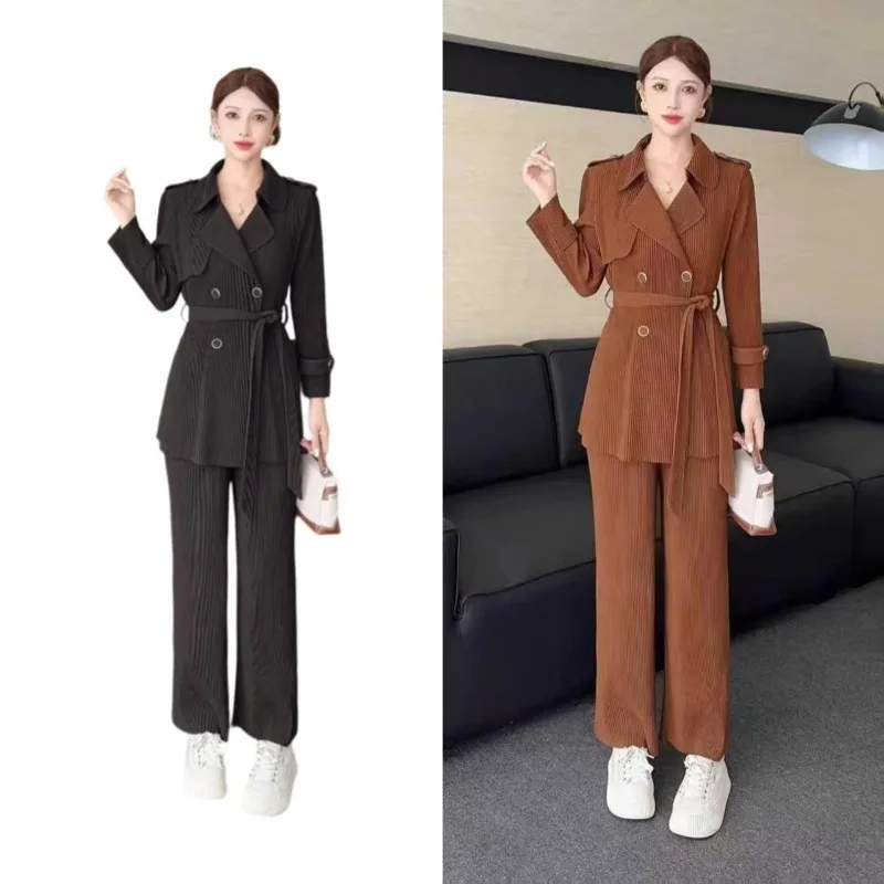 Miyake conjunto de calças plissadas 2025 outono novo terno plissado de renda terno feminino trespassado terno colarinho simples conjunto completo de 2 peças