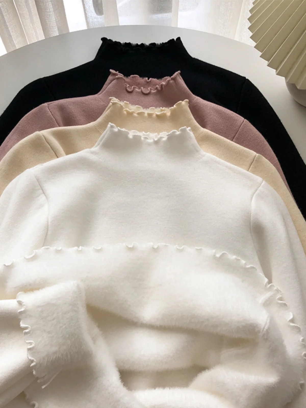 티엔드 플러피 니트 스웨터 여성용 롱 스웨터 하이 칼라 안감 겨울 따뜻한 컬러 출퇴근용