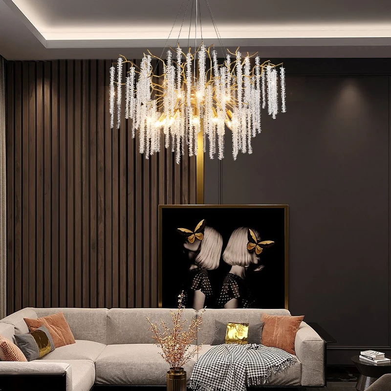 Lámpara colgante de cristal con borlas, luces Led doradas redondas de 60/80/100cm, con rama de árbol, para Villa, sala de estar y comedor