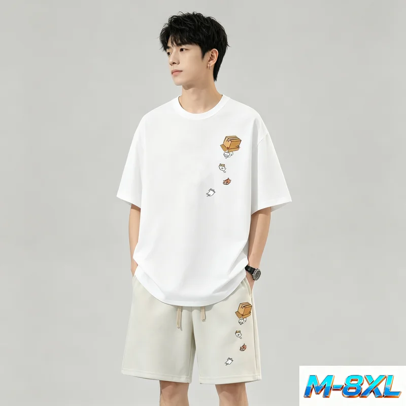 Daily Casual Loose Large Size M-8XL Set Cat Print T Shirt Drawstring Shorts Unisex Couple Style