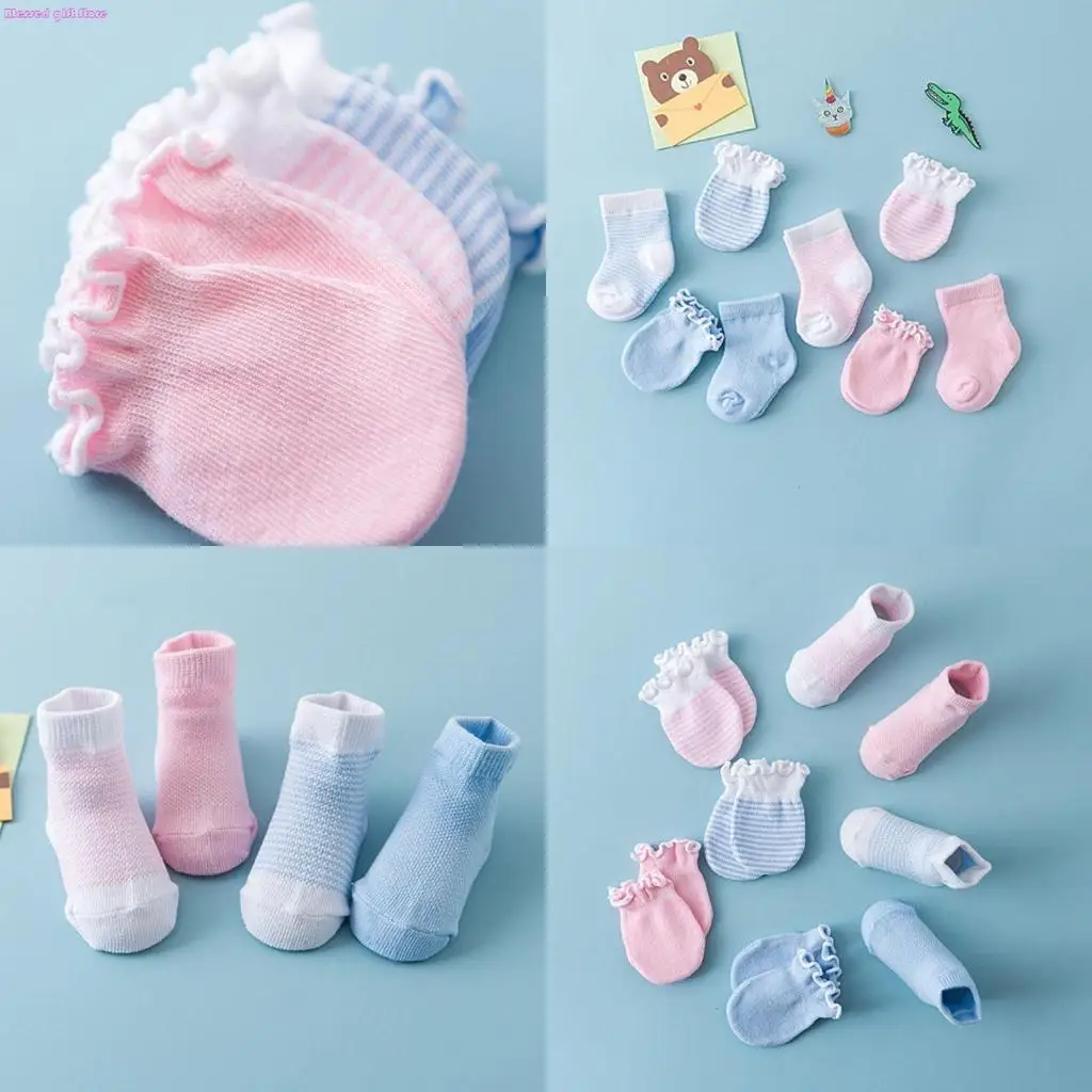 

D0JC Newborn Mitten Sock Set of 4 Pairs (0-6 Months) Baby-blue/Baby-Pink To Choose