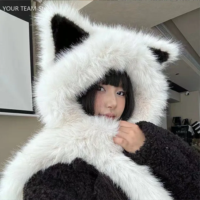 

Новый женский зимний утолщенный теплый комплект из искусственного меха с лисьими ушками, шарф, милая и стильная шапка для защиты от холода, лица - похудение
