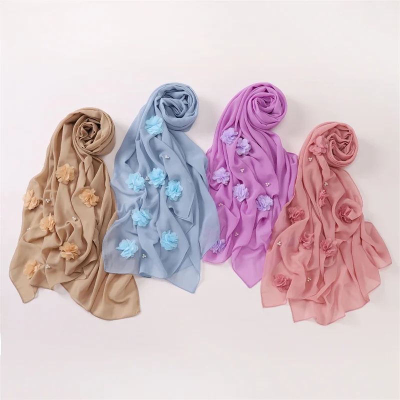 Plain Stitch Rose Floral Bubble Chiffon Hijab Ramadan Beads Scarves Shawls Women Sunscreen Headscarf Outdoor Windproof Head Wrap