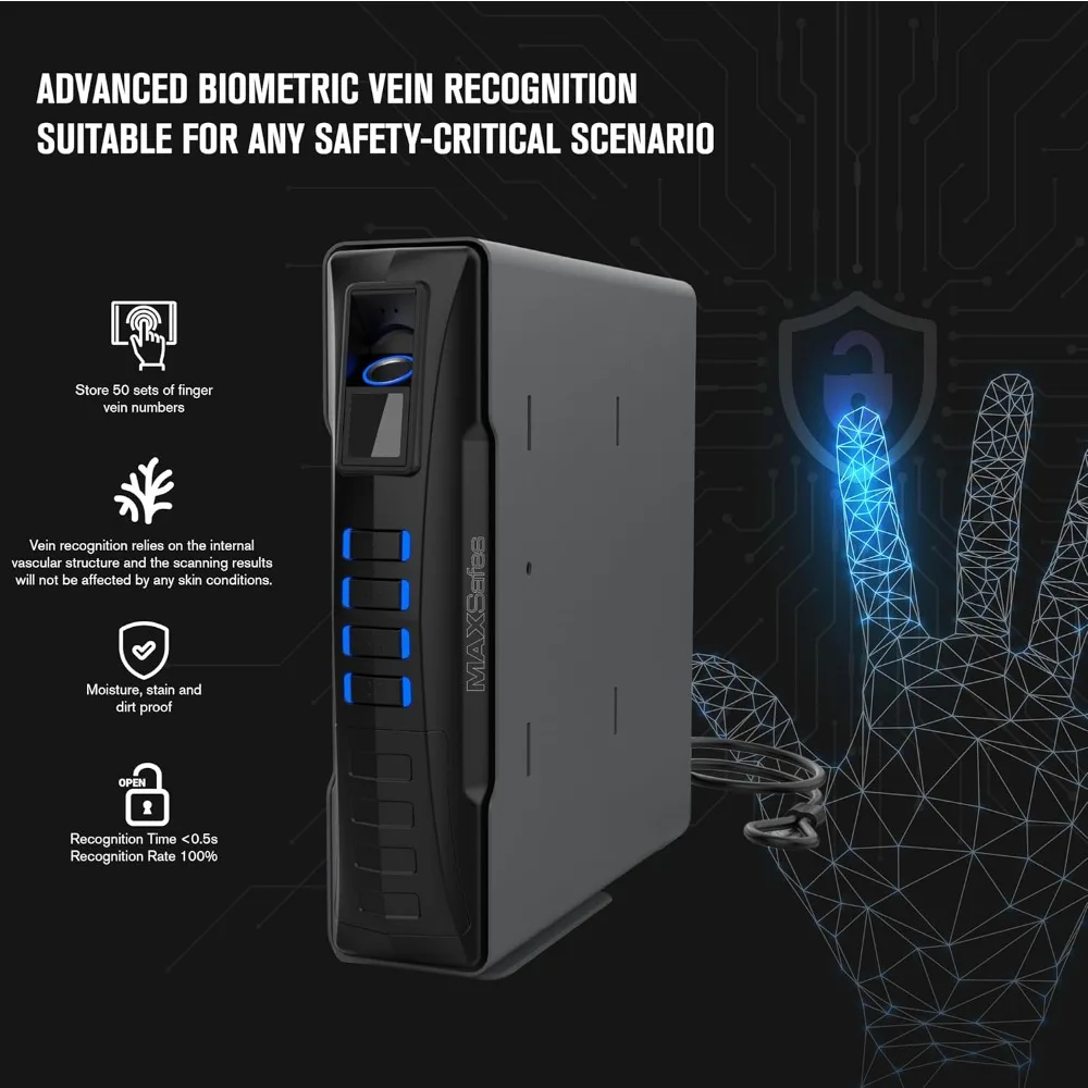 Caja fuerte biométrica para pistola deslizante para escritorio, mesita de noche, modo silencioso de viaje, caja fuerte para pistola de mano con puerta corredera automática para reconocimiento de venas de los dedos