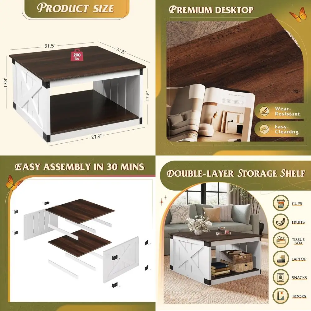 

Espresso Finish Farmhouse Style Coffee Table with Open Storage, 31.5 Square, Rustic Living Room Centerpiece