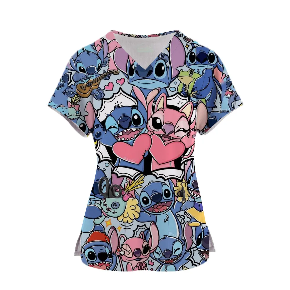 Hospital staff nurse uniform women's Lilo&Stitch printed casual short sleeved V-neck medical uniform top medical uniform Supplie