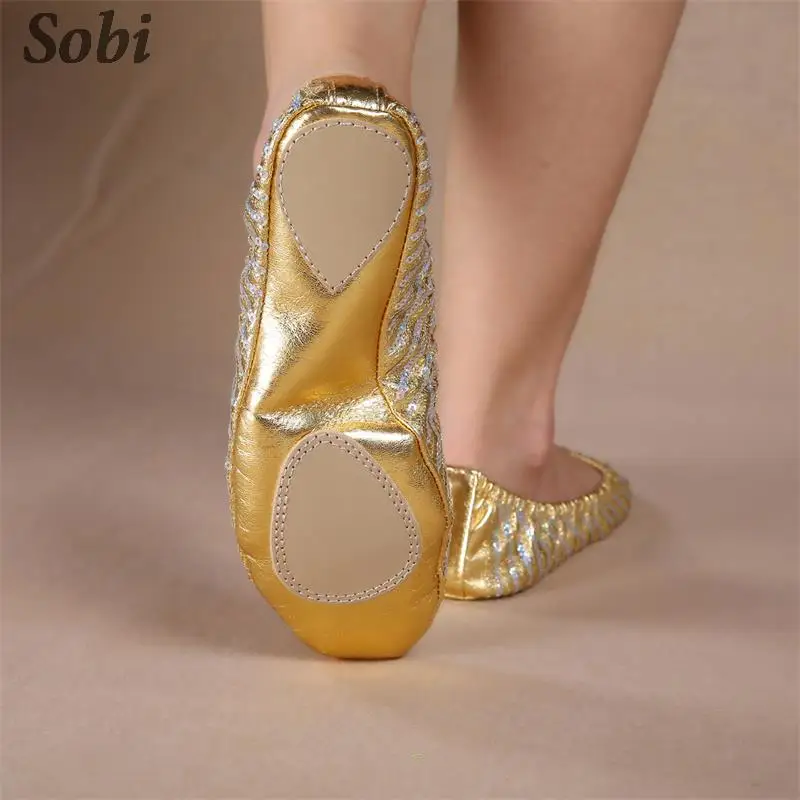 Zapatos de baile de Ballet de cuero PU compuesto para mujer, suela suave, zapatos de danza del vientre profesionales, zapatos de baile con lentejuelas, 1 par