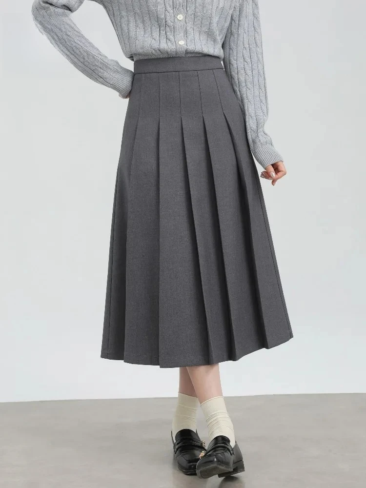 تنورة أنيقة عالية الخصر ذات ثنيات بقصة ضيقة على شكل حرف a تنورة ميدي للنساء تنورة غير رسمية للمكتب باللون الرمادي لملابس الخريف والشتاء الصغيرة
