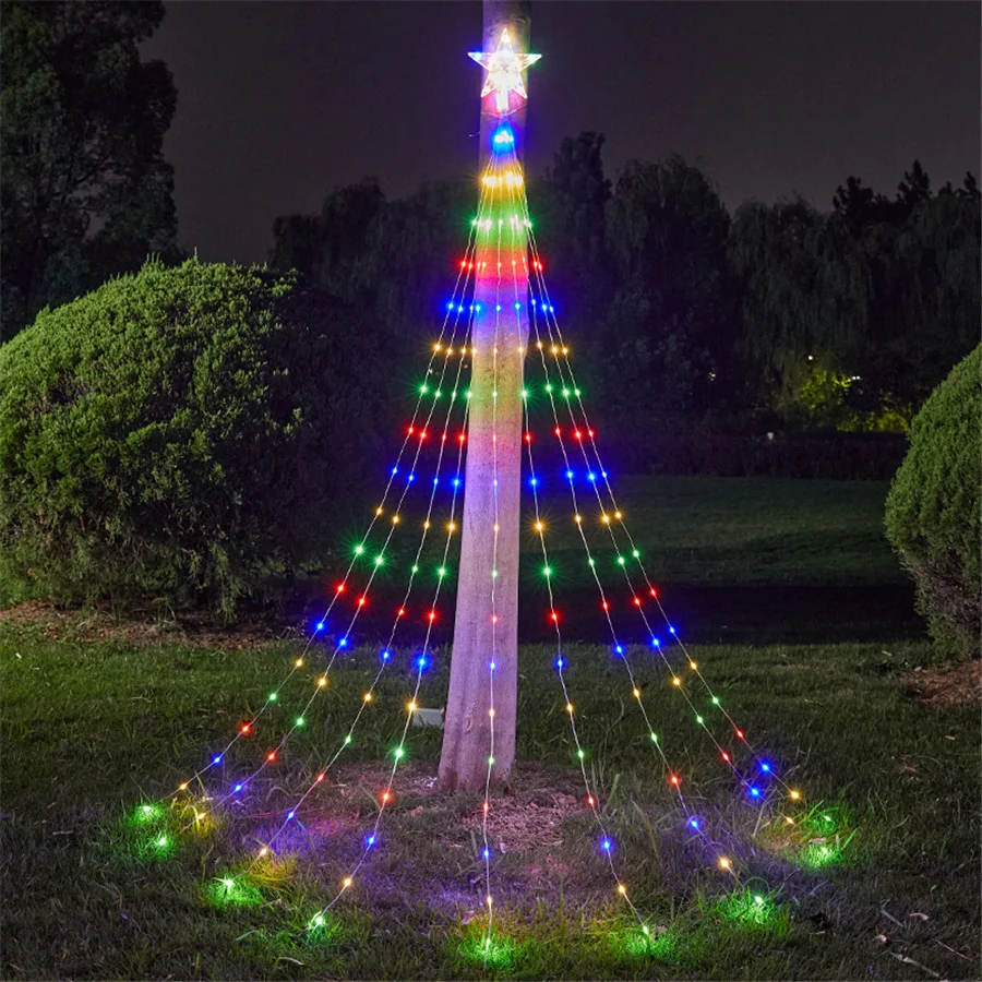 LED Five-pointed Stars Waterfall Fairy Lights Outdoor USB Remote Christmas Garland String Lights for Garden Party New Year Decor