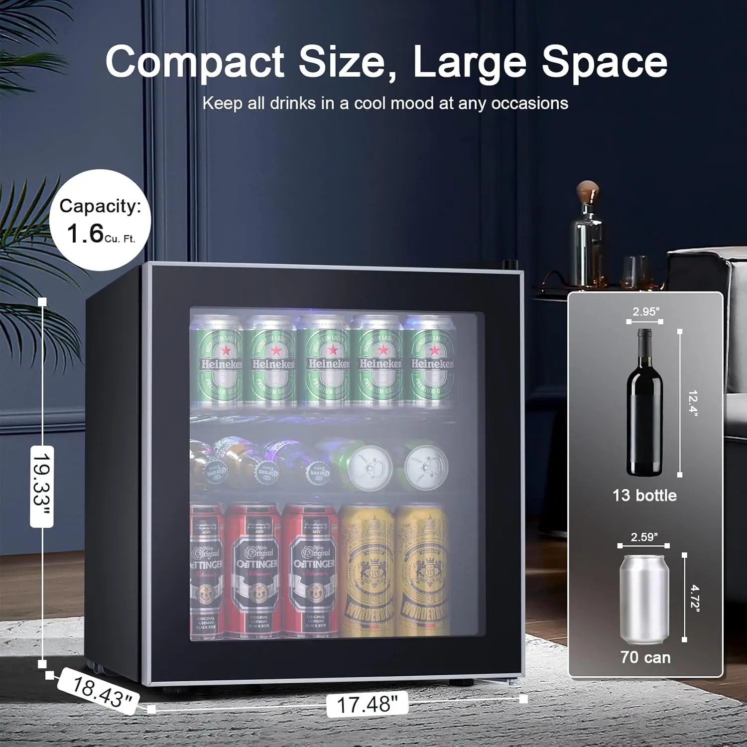 Mini refrigerador Star - porta de vidro para geladeira de bebidas com 60 latas para cerveja, refrigerante ou vinho - máquina dispensadora de bebidas pequena removível