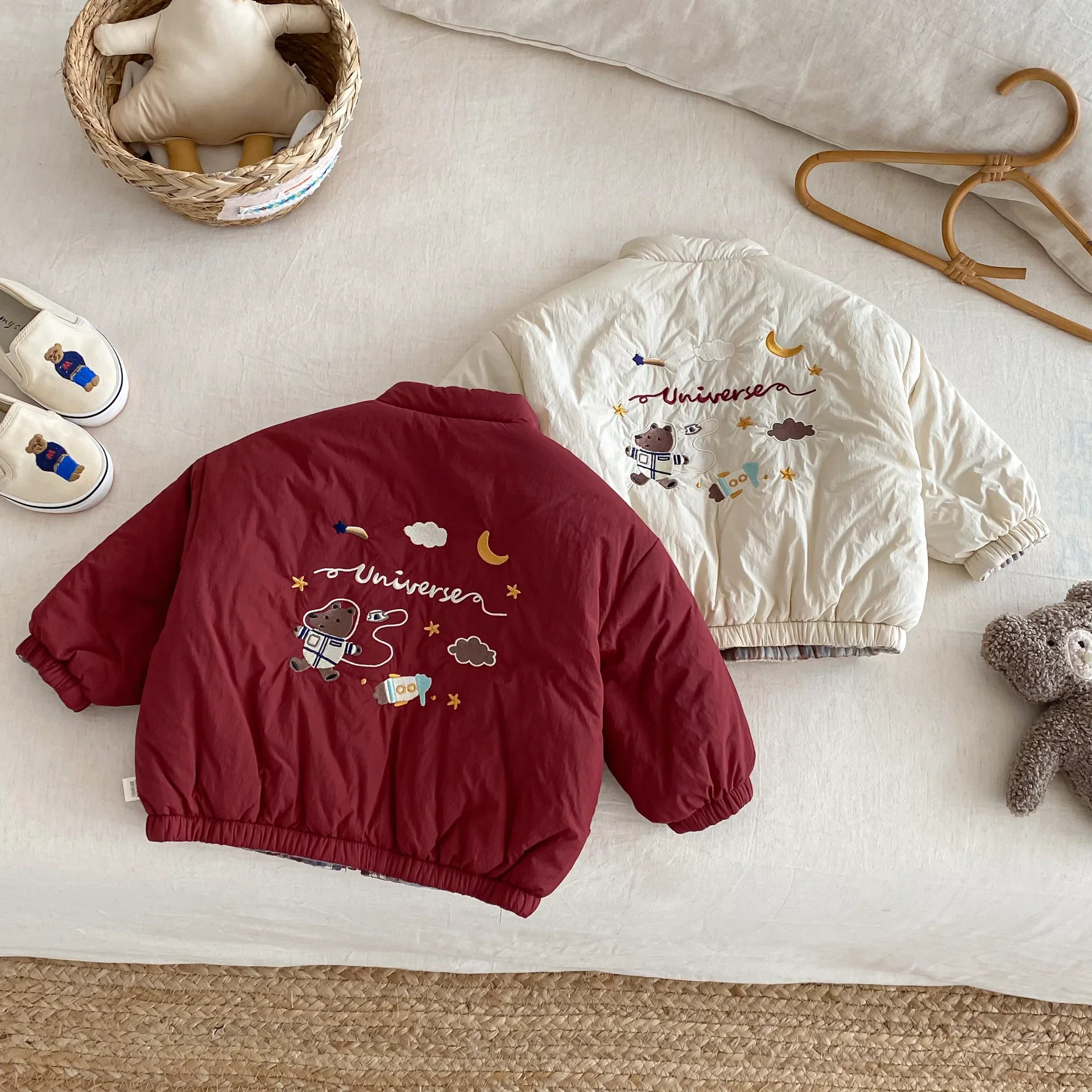 

0-5Y Kids Boys Girls Cotton Padded Jacket Double-Sided Cartoon Embroidery Warm Winter Coat Children Thickened Outerwear Outfit