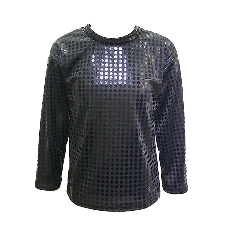 Child Adult Sparkly Sequins Shiny Metallic Tee Shirt Jazz Hip Hop T-Shirt Street Dancewear Stage Costume Boys Loose Long Sleeve