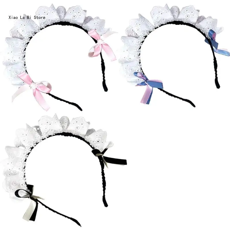 Lace Bows Hair Band Maid Anime Role Playing Headwear Ribbon Bowknot Headbands for Casual or Costume Wear XXFD