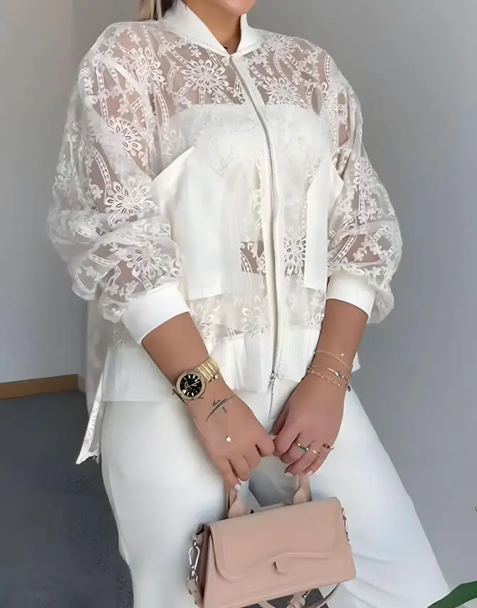 Flower Lace Embroidered Mesh Patch Baseball Jacket with Casual Zipper, Autumn Women's Elegant and Fashionable Lace Jacket