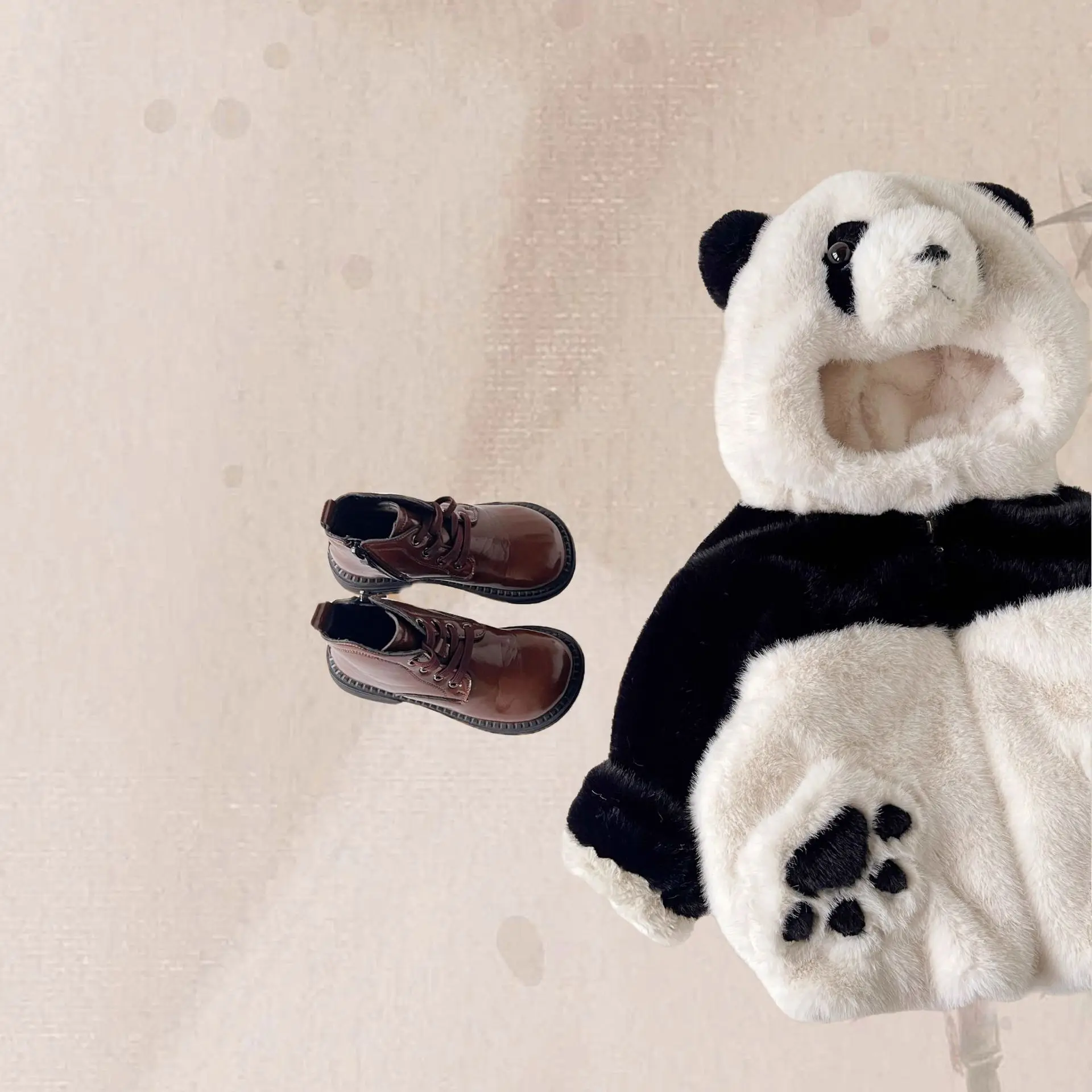 

Korean Kids Cute Panda Zipper Fashion Overcoat XMP32 Boys Faux Fur Jacket New Children's Autumn Winter Plush Velvet Coats