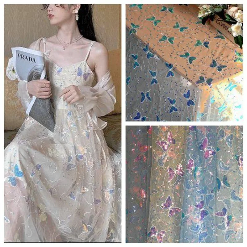 

1,5 м шириной, новая изысканная кружевная ткань с вышивкой бабочкой и блестками, сетка ручной работы, свадебное платье своими руками, материалы для украшения одежды