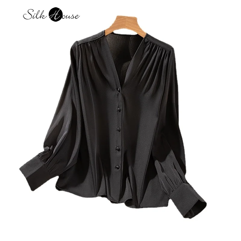 

Classic Elastic Double Qiao Satin Versatile Black Temperament Long Sleeved 93%Natural Mulberry Silk Women's Fashionable Shirt