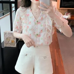 Women Summer Korean Loose Printing Temperament Lace V-neck Short Sleeve Chiffon Shirts Ladies Casual All-match Sweet Floral Tops