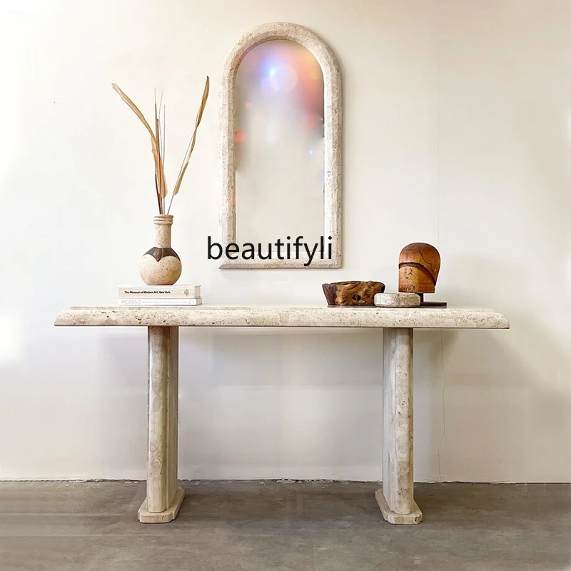 Light luxury entrance table, designer wabi-sabi wind, travertine against the wall, foyer entrance entrance platform