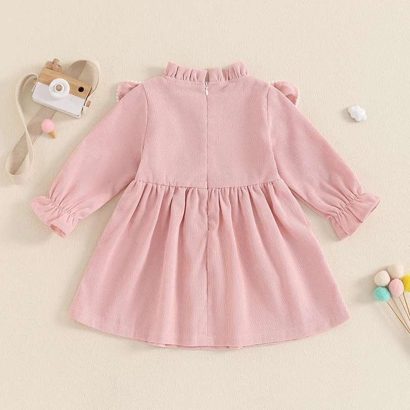 VISgogo 1-5 Years Little Girl Autumn Corduroy Dress Mock Neck Ruffled Long Sleeve Bow Decor A-Line Dress