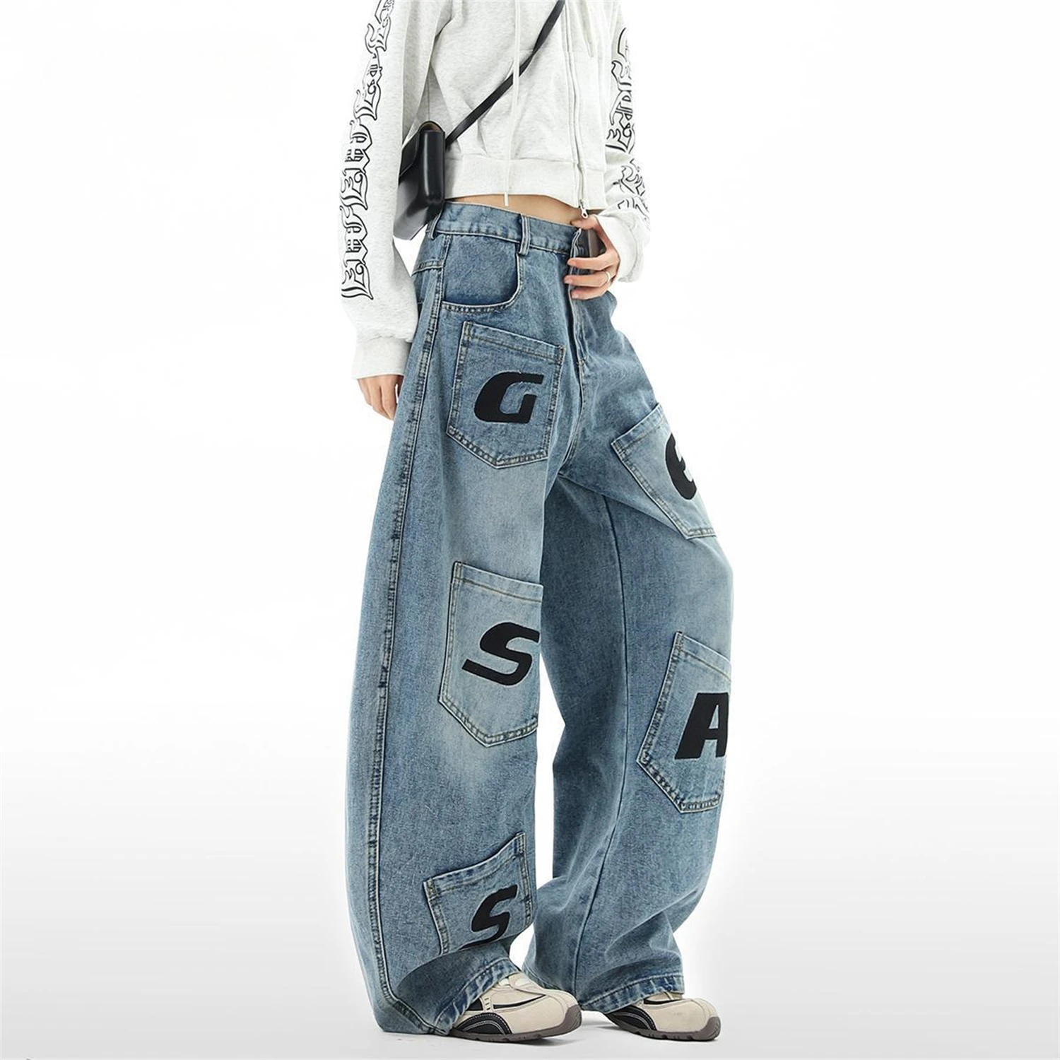 Damen-Jeans mit hoher Taille, weitem Bein, hellblau, Patchwork-Tasche, Buchstabendruck, Vintage-Y2K-Streetwear-Denim-Hose