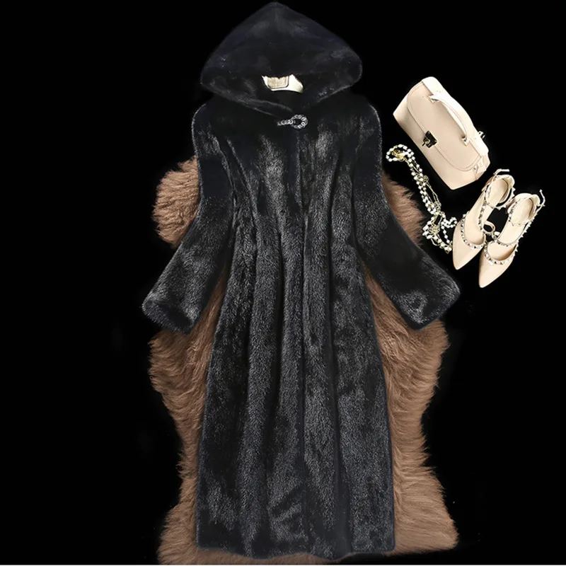 

Luxury Big Size Women Clothes Long Faux Mink Coat Black Hooded Fur Jacket Button Windproof Windbreaker Warm Winter Clothes Women