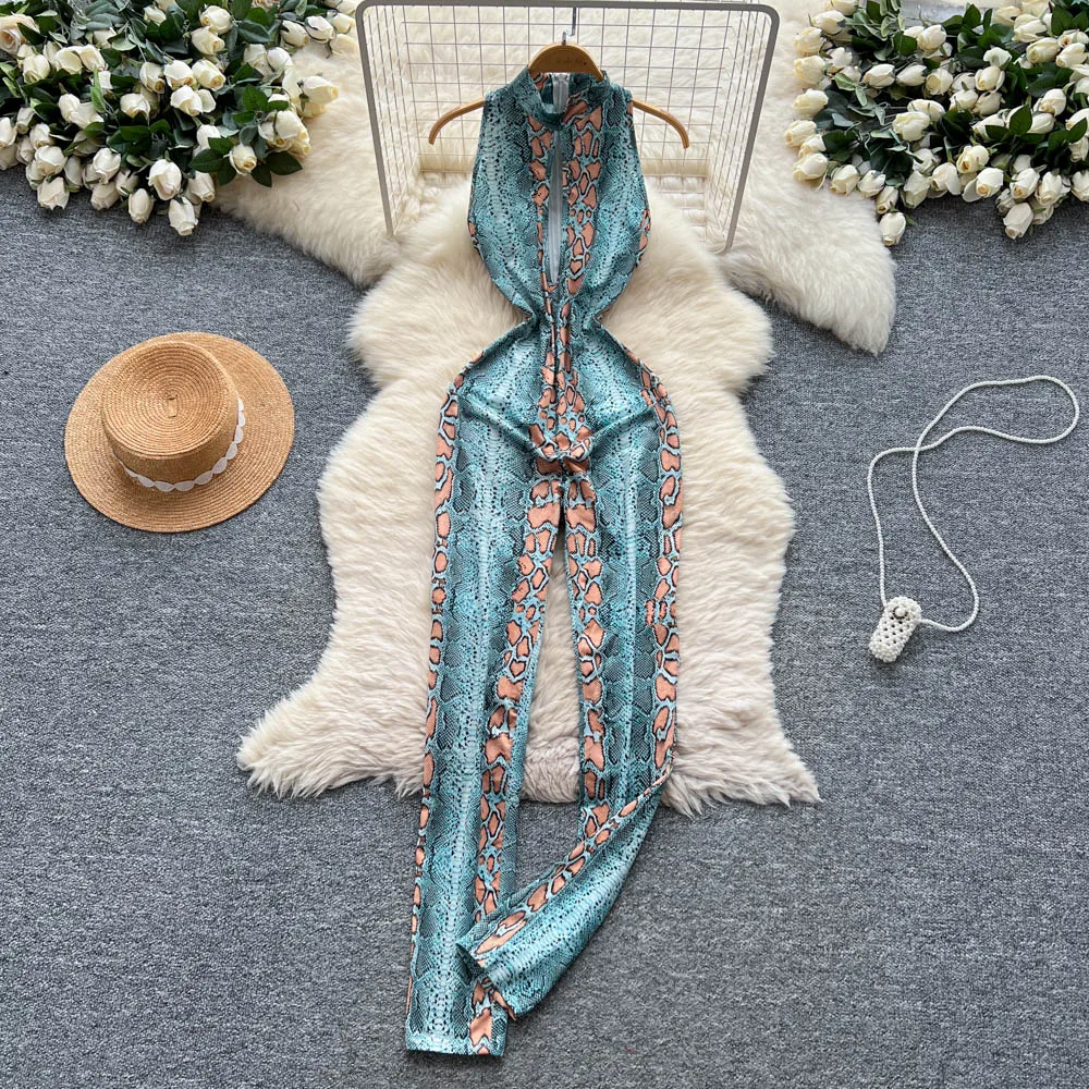 Mulheres pele de cobra impressão padrão selvagem macacão senhora sexy noite boate macacão oco peito magro festa banquete playsuit