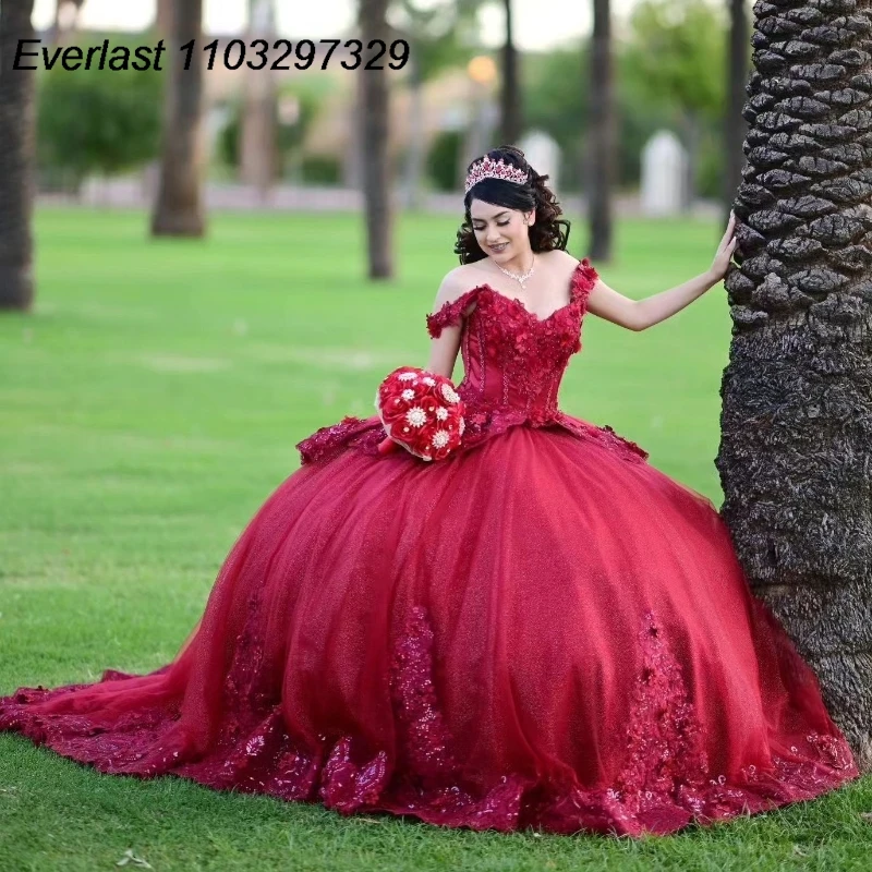 EVLAST-Vestido De quinceañera rojo personalizado, Vestido De baile con apliques De encaje brillante, corsé con purpurina y cuentas, Vestido De 15 anos TQD899