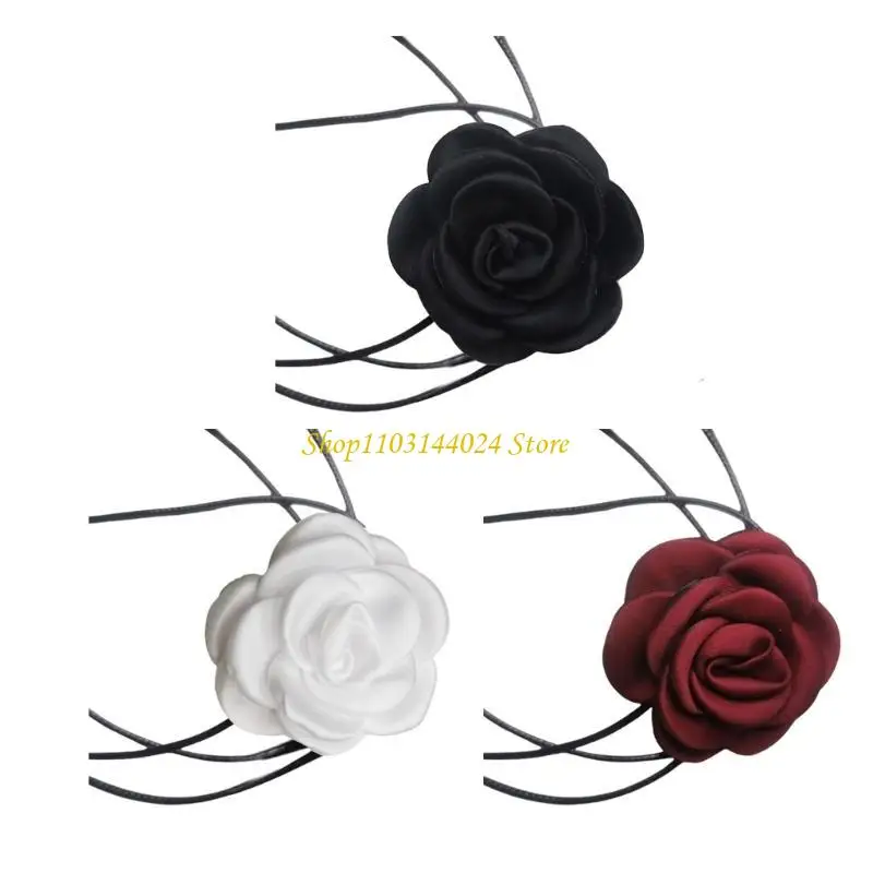 

N5KE Ожерелье с камелией Элегантная цепочка на ключицу с камелией, черная восковая веревка-колье с воротником