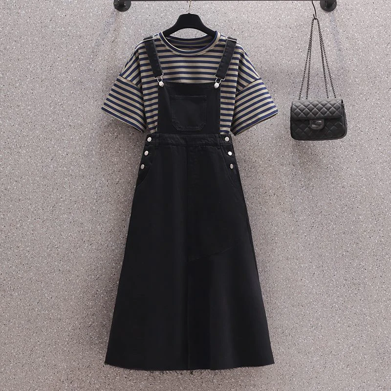 Fashion Women Summer Denim Suit Horizontal Striped T-shirt And Raw Edge Strap Dress 2023 New Large Size Female Casual Outfit