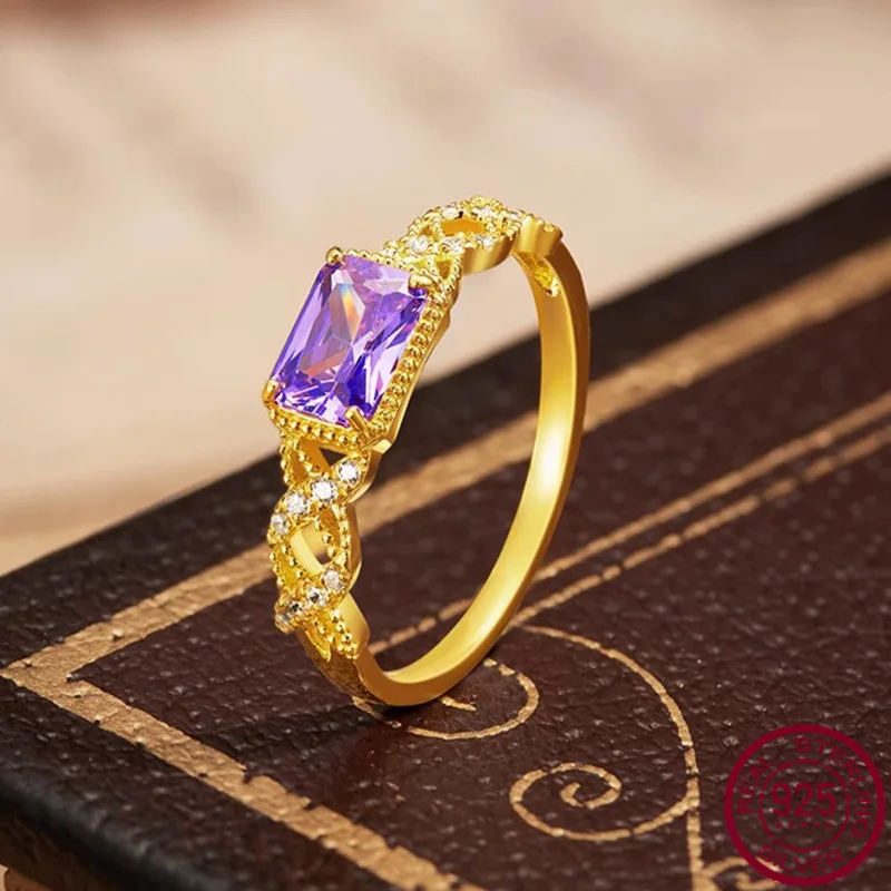 

New S925 sterling silver inlaid zircon lace purple square diamond fashionable European and American elegant wedding jewelry