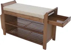 2Tier Shoe Rack Bench 31 Inch Entryway Bench with Storage Basket and Side Drawer Cushion Removable for Living Room Entrance Hall