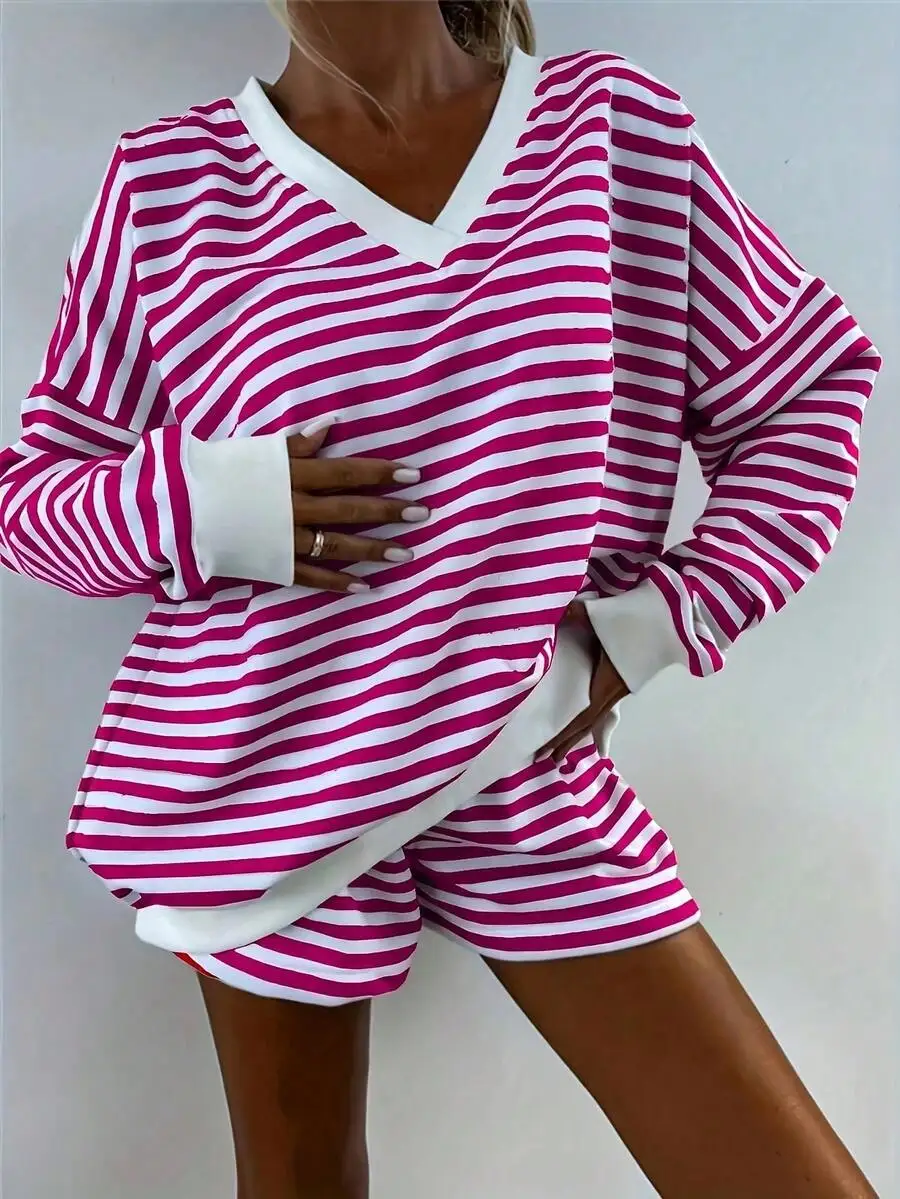

Womens Pink And White Striped V-Neck Pajama Set Casual Home Wear