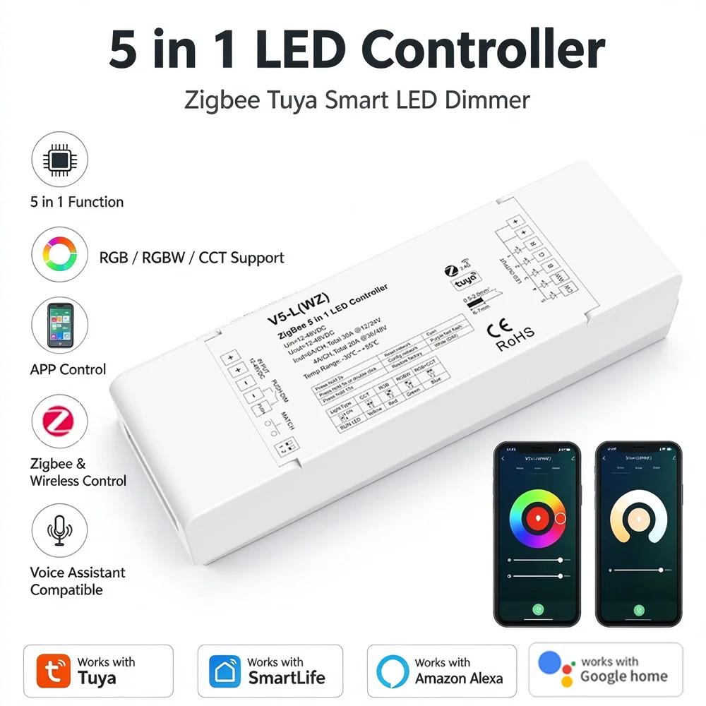 Tuya ZigBee 5 in1 RGB+CCT LED Controller V5-L(WZ) 2.4G RF RGB CCT RGBW RGBCCT LED Dimmer APP Voice Control Work with Alexa Home