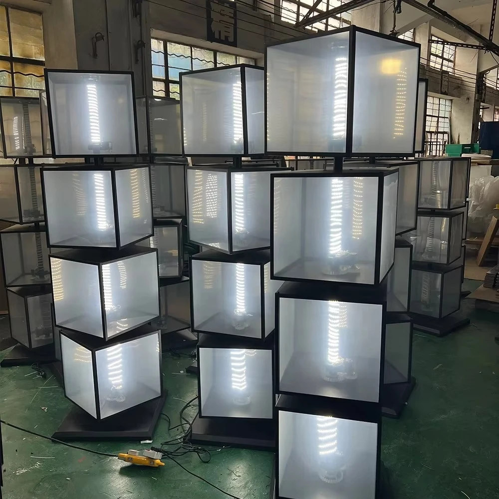4-Layer Cube Rotary Menu Poster Display Board with Light Emitting Diode Light Source Waterproof Storefront Advertising Light Box