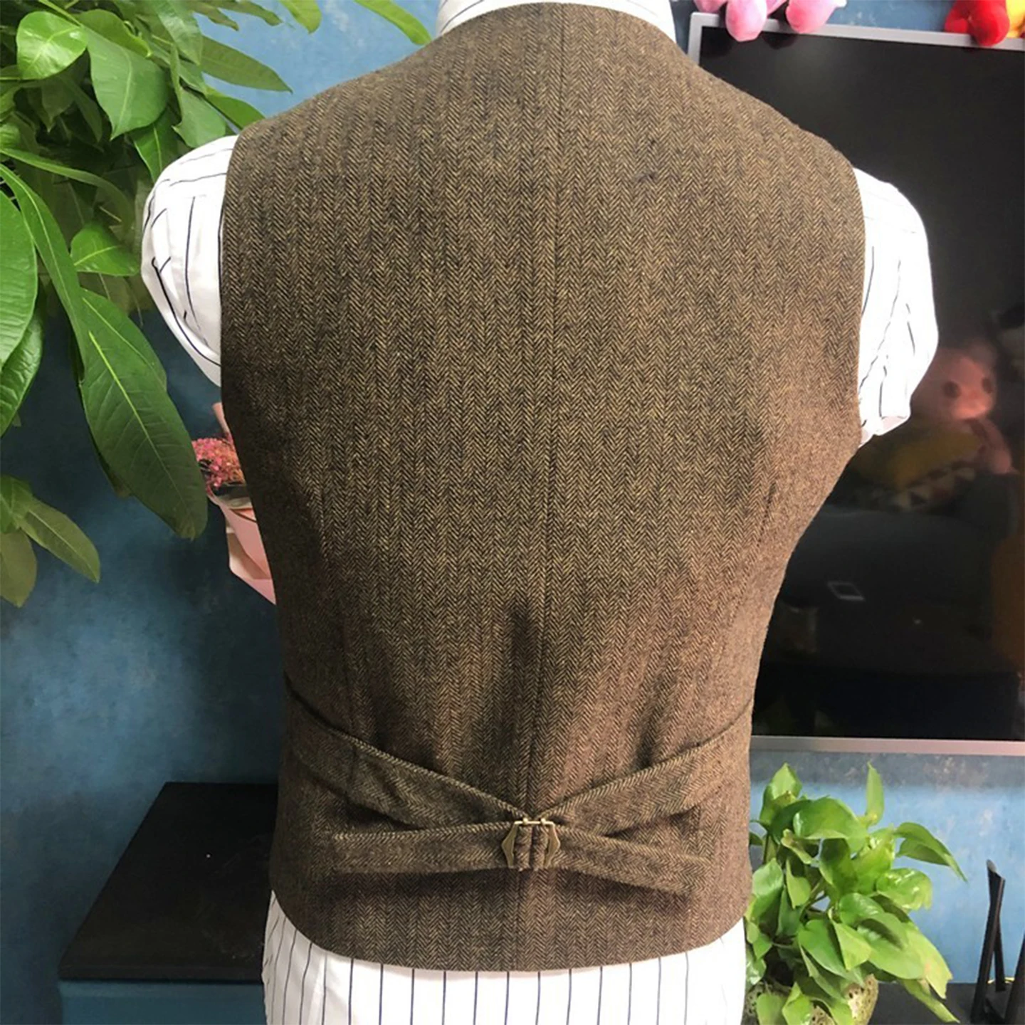 Rompi Wol Herringbone Hangat Retro Gaya Amerika Rompi Setelan Slim-Fit Pria Ukuran Besar