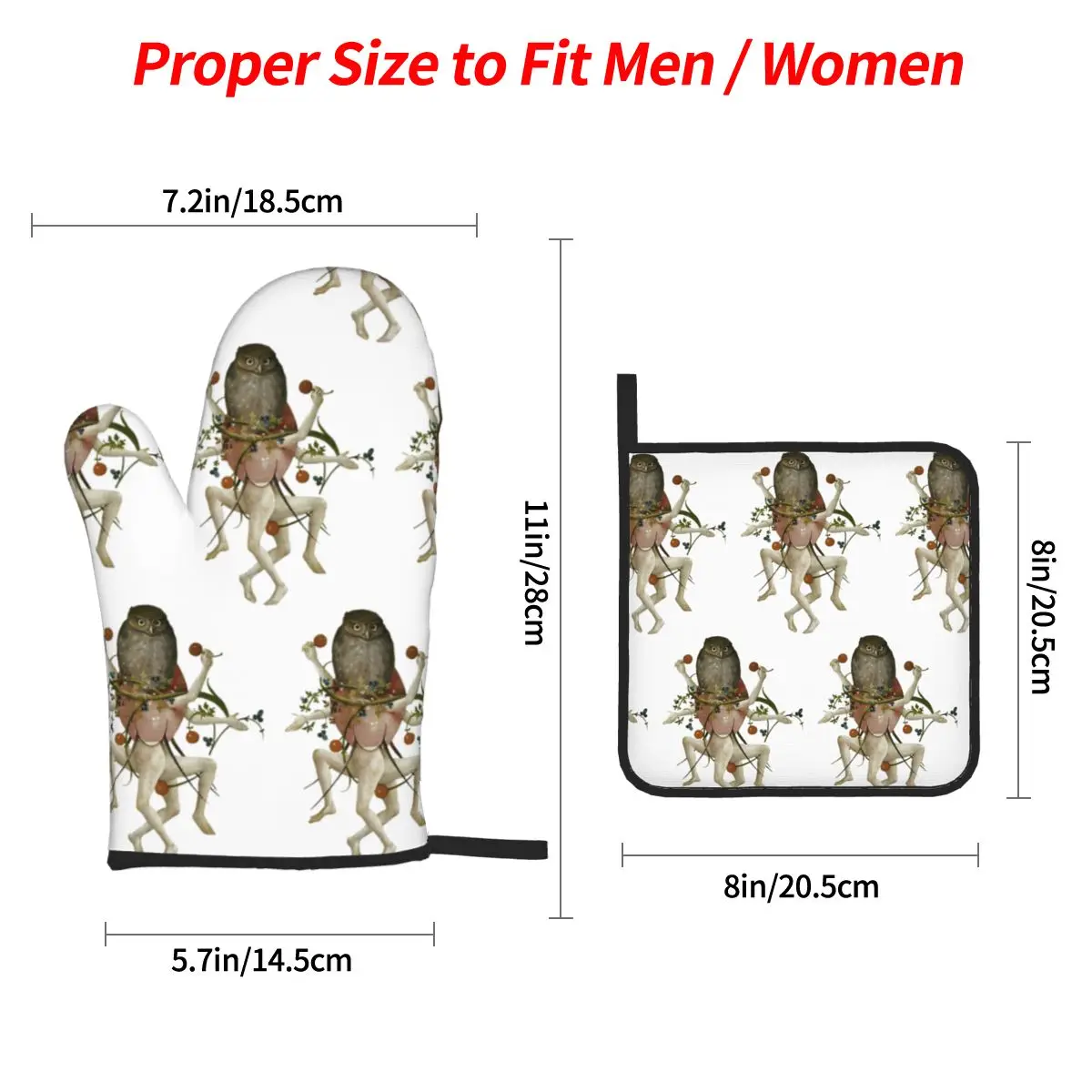 Hieronymus Bosch Dancing Owl Oven Mitts and Pot Holder Sets of 4 for Baking Kitchen Cooking Grilling Resistant Non-Slip Gloves