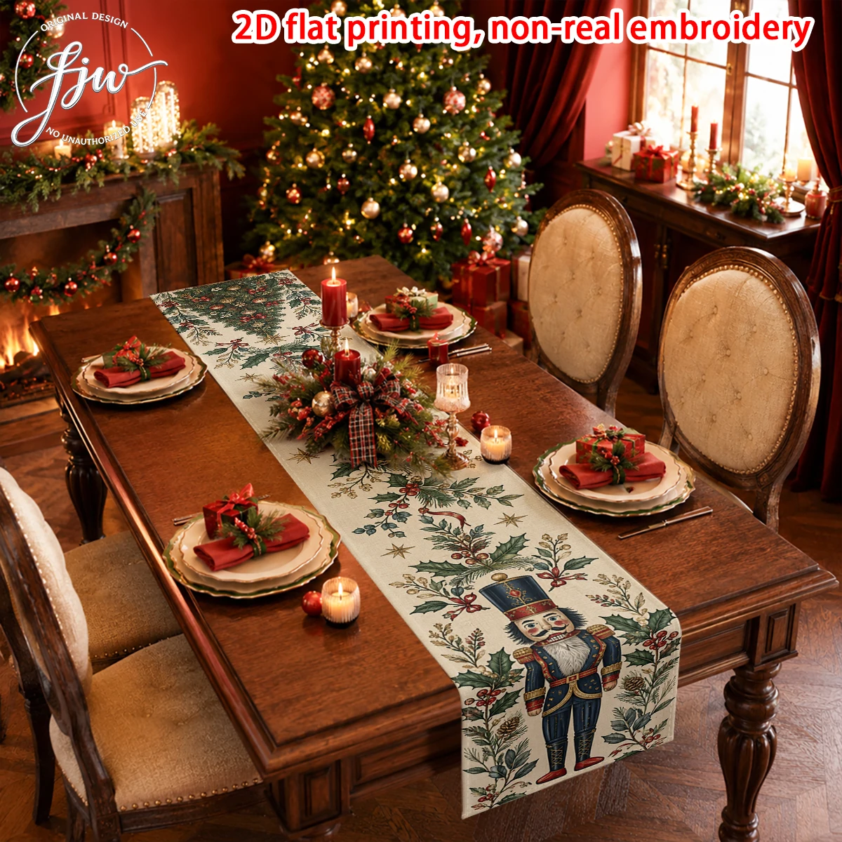 1pc Christmas Table Runner, Vintage Nutcracker Xmas Table Decor for Holiday Dining Party