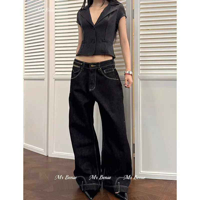 Unisex New Arrival Black Washed Buckle‑Back Denim Jeans Women Trendy Design‑Focused Loose Casual Long Trousers