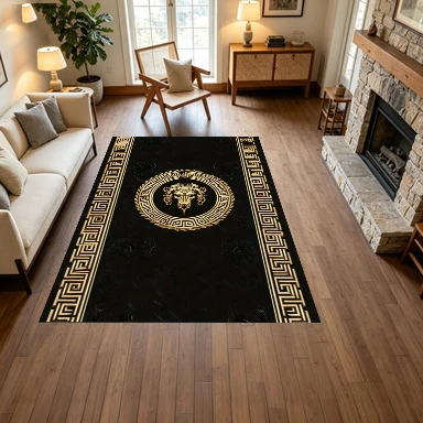 Luxurious Black and Gold Baroque Style Medal Square Carpet Non-Slip Floor Mat, Suitable for Living Room, Bedroom, and Home Interior Decoration