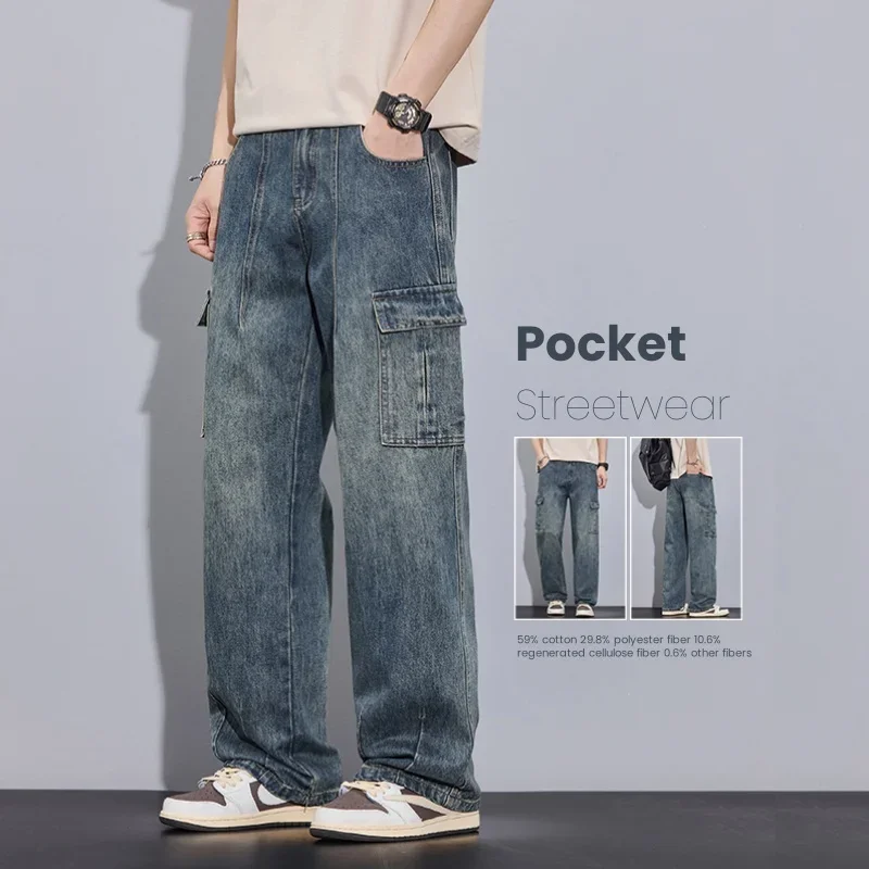 

Autumn New Cargo Jeans Men's Vintage Large Pocket Loose Trousers Fashion Personality Male Straight Wide Denim Pants