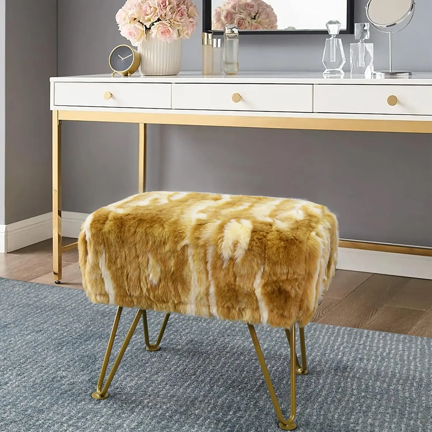 

Gold Soft Faux Fur Ottoman Fuzzy Entryway Bench Seat, 19"x12.5"x17" Sturdy Accent Coffee Table for Living Room Make Up V