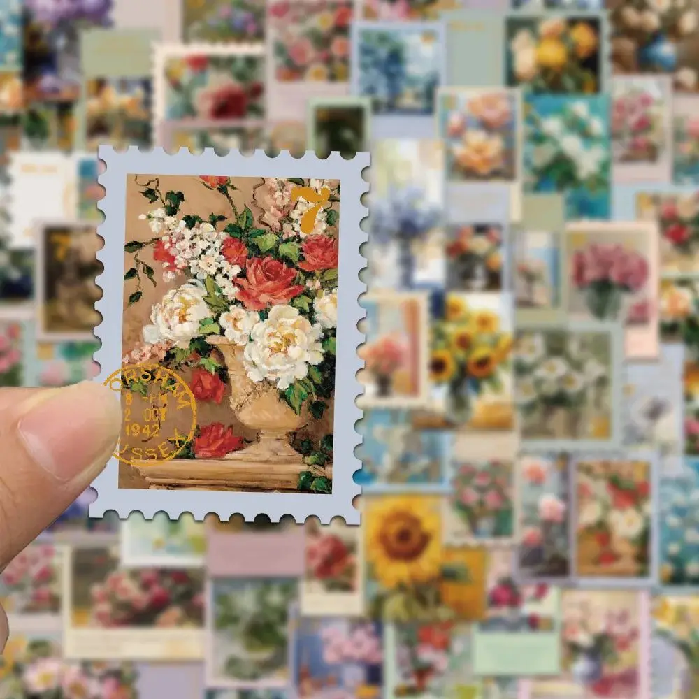 50Pcs Vintage Floral Stamp Stickers, Oil Painting Decals for Journal, Phone Case, DIY, Waterproof.